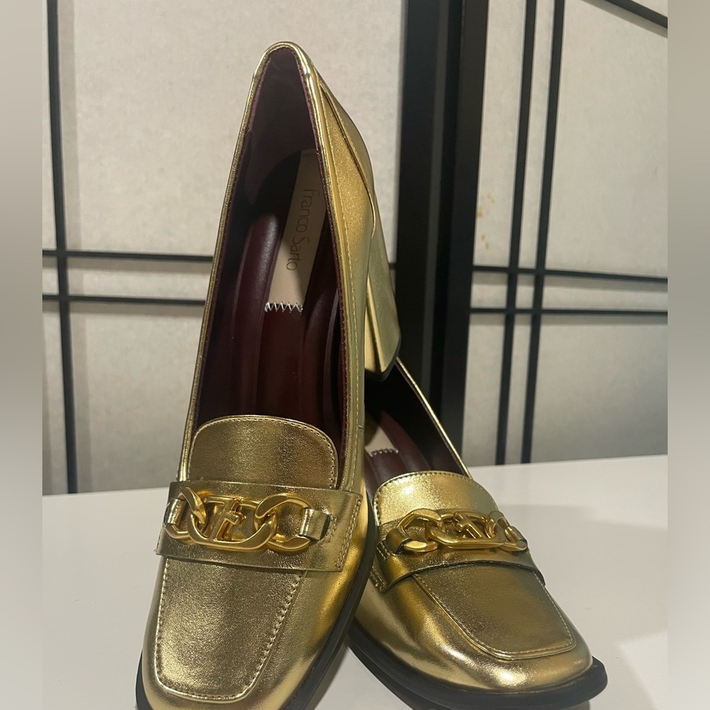 Women's Size 8 Franco Sarto Miri Loafer Gold Block High Heel Pump Shoes - Picture 6 of 12